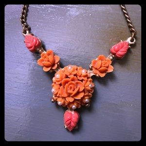 Orange Coral Flower Bakelite Necklace Vintage